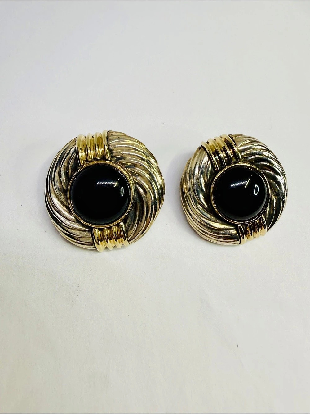 Designer Rigoberto Sterling Silver 14K Gold Onyx Clip-On Earrings Vintage Signed - Picture 2 of 16